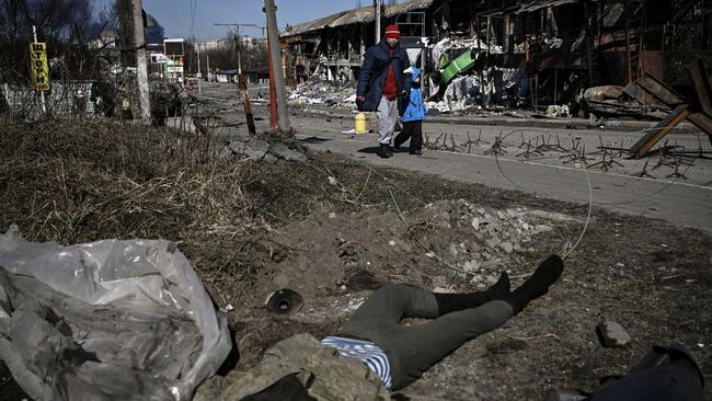 A Russian soldier’s body in the city of Irpin, north of Kyiv. Picture: AFP