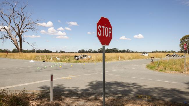 The scene of the crash on the corner of Pine Lodge North and Cosgrove-Lemnos roads near Shepparton. Picture: Ian Currie