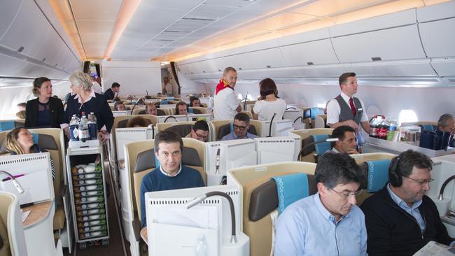 The interior of a new Airbus A350-1000 on a long test flight. Picture: P Pigeyre