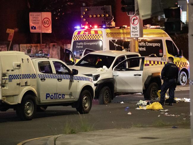 The crime scene at Sunday’s Granville shooting. Picture: Liam Mendes / The Australian