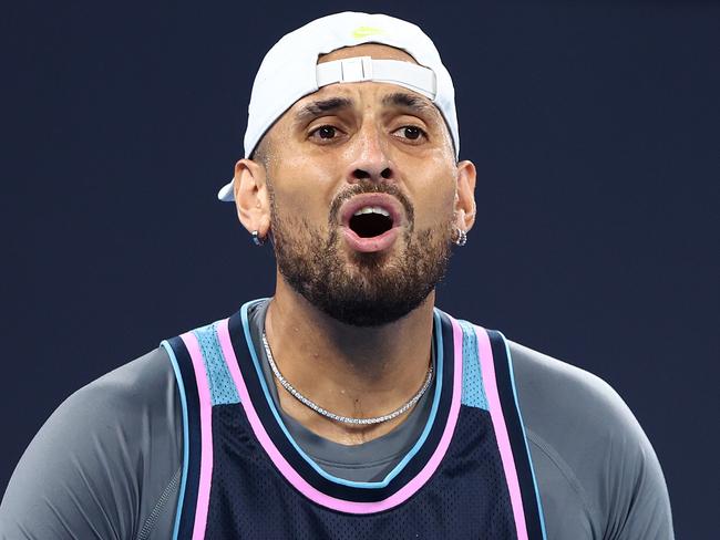 BRISBANE, AUSTRALIA - DECEMBER 30: Nick Kyrgios reacts in the Mens's Doubles match partnered with Novak Djokovic against Andreas Mies and Alexander Erler during day two of the 2025 Brisbane International at Pat Rafter Arena on December 30, 2024 in Brisbane, Australia. (Photo by Chris Hyde/Getty Images)