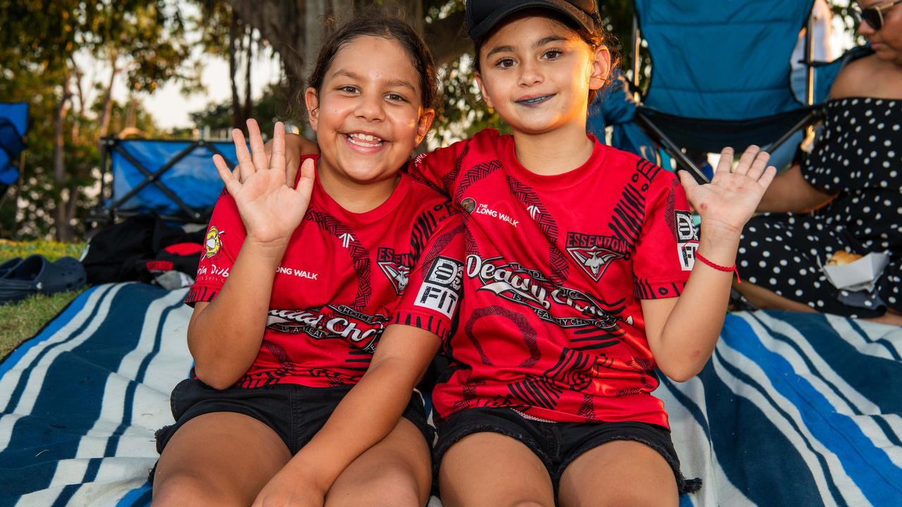 Scarlett Gilmore and Sophie Cole as thousands of fans gathered for the AFLW Dreamtime game between Richmond and Essendon in Darwin. Picture: Pema Tamang Pakhrin