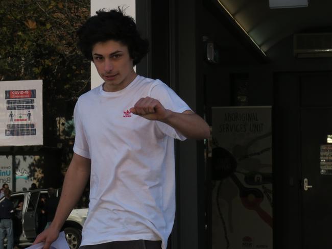 Iszacc Bonnici, 19, of Blue Haven, leaving Wyong Local Court after being charged with graffiti, entering train lines and drug offences. Picture: Richard Noone