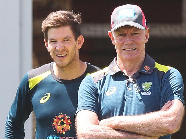 Australian coach Justin Langer, captain Tim Paine and selector Greg Chappell watch on as Peter Handscomb and Aaron Finch bat during Australia cricket training ahead of the 4th cricket Test match at the SCG. Picture: Brett Costello