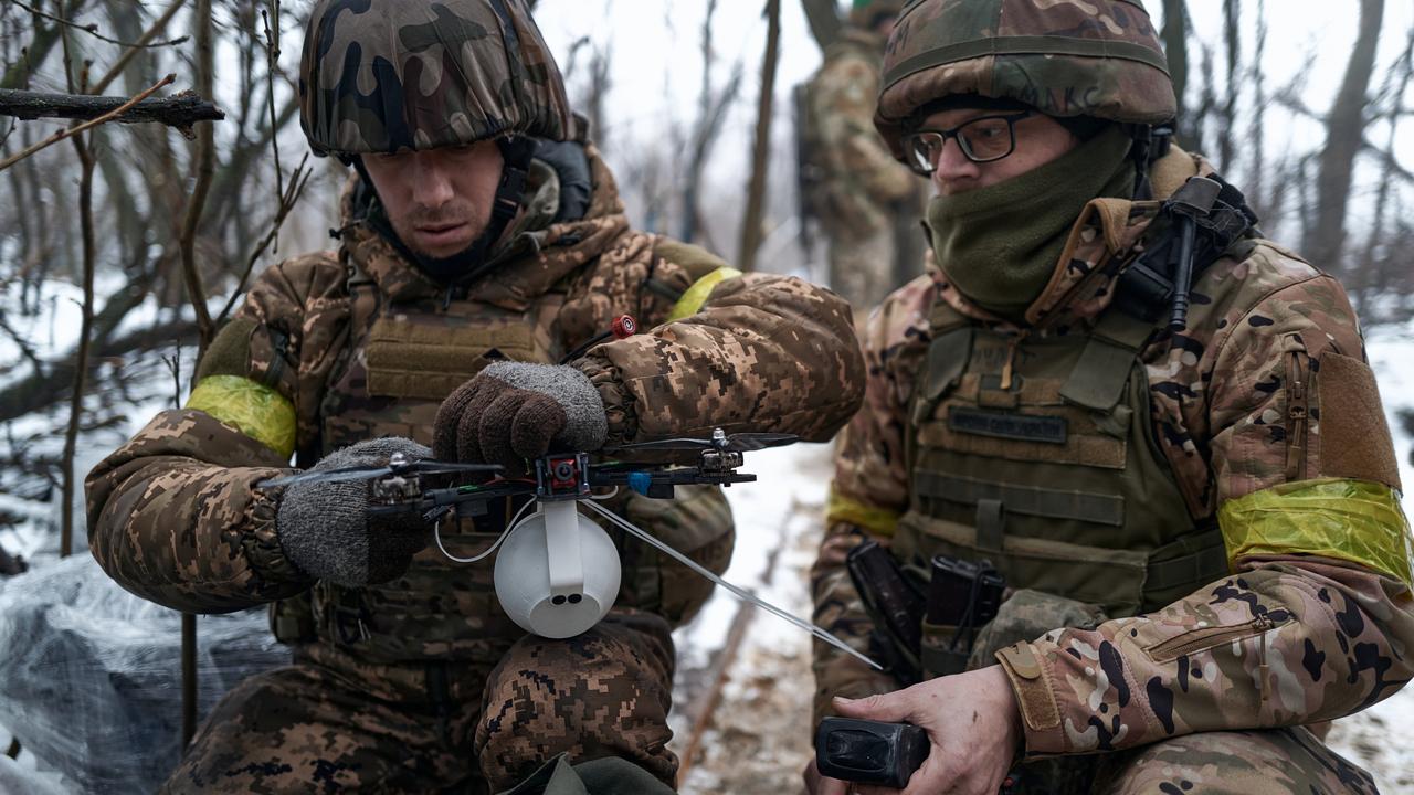 The FPV unit of the pilots of the Ukrainian army prepare to launch kamikaze drones at the positions of the Russians on January 26, 2024 in Kupiansk Frontline, Ukraine. Picture: Getty Images