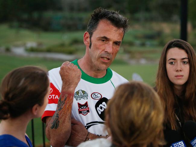 Laurent Hayez, the father of missing Belgian backpacker Theo Hayez and niece Lisa Hayez speak to the media at a special event held at the Byron Bay Golf Club to thank all volunteers who are helping in the ongoing search, in Bryon Bay, NSW, Sunday, June 30, 2019. The 18-year old was last seen leaving Cheeky Monkey night club in Byron Bay on May 31. (AAP Image/Regi Varghese) NO ARCHIVING