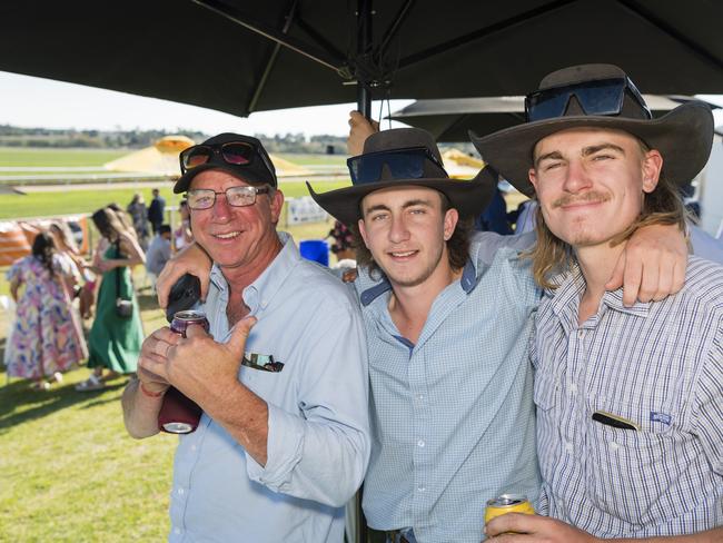 At Warwick Cup race day are (from left) Fred Betts, Lachlan Collins and Dan Morris at Allman Park Racecourse, Saturday, October 14, 2023. Picture: Kevin Farmer