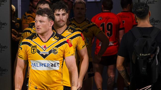 Sunshine Coast Falcons player Sam Burns leads his side out during a 2024 pre-season trial. Picture: Nicola Anne Photography