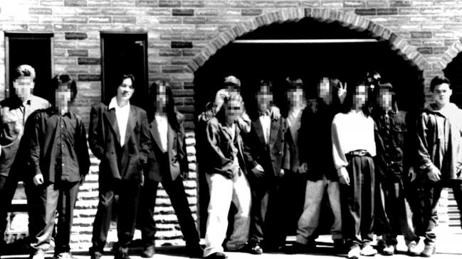 Members of the 5T gang on their way to a meeting in Cabramatta in 1995. Leader Tri Minh Tran, third left, and Minh Nguyen, right, were killed during a gang power struggle. Picture: Supplied