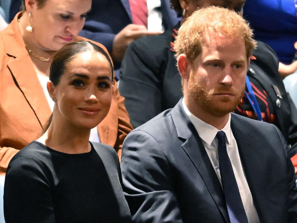 Meghan Markle with Prince Harry at the UN Nelson Mandela Prize award ceremony last July. Picture: Timothy A. Clary / AFP