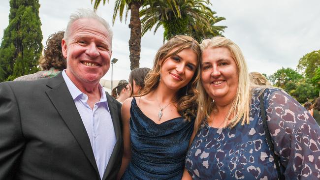 St John's College Woodlawn Year 12 Formal: Bridie McCowan with her parents Leanne and Andrew. Picture: Cath Piltz