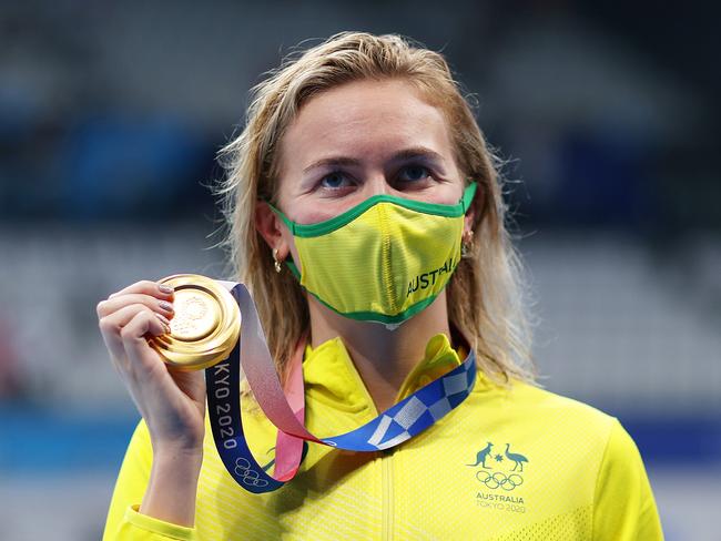 Australia's Ariarne Titmus has beaten American swimming superstar Katie Ledecky to win Australia’s second gold medal at the Tokyo Olympics. Picture: Getty Images