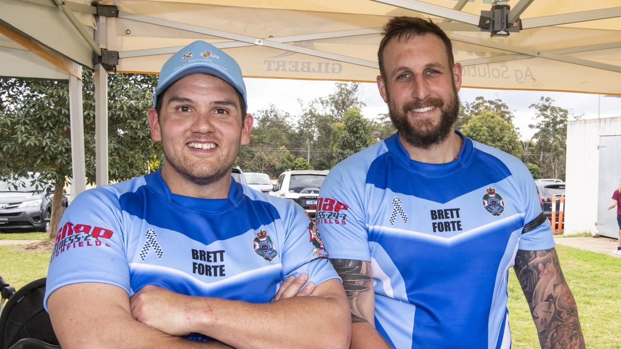 ( From left ) Mike Edwards and Justin Dickinson. Brett Forte Super 10s Memorial Rugby Challenge. QPS vs The Army. Saturday, August 14, 2021. Picture: Nev Madsen.