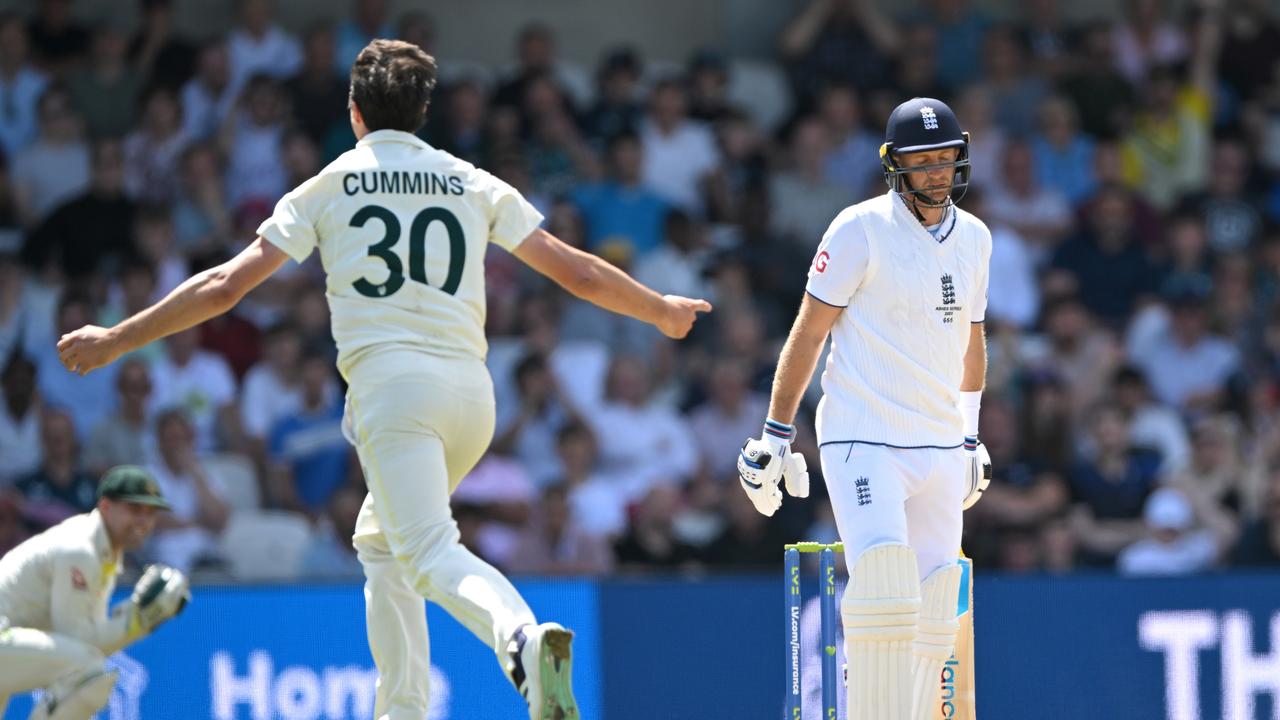 Joe Root looks stunned after being shot down by Pat Cummins once again. Picture: Getty