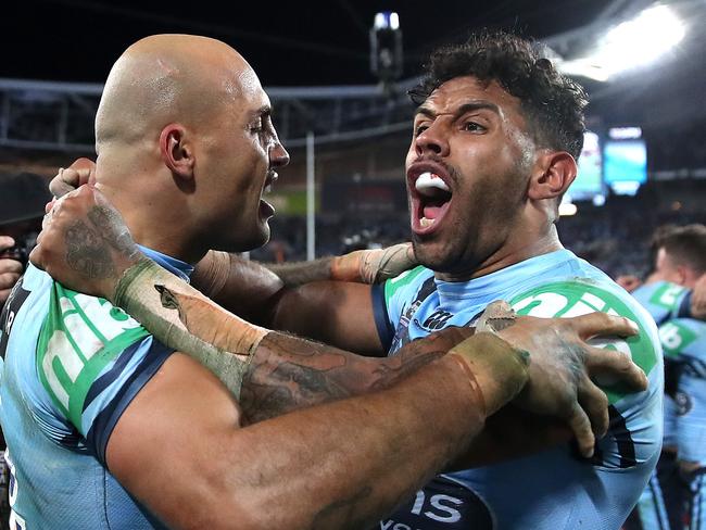 NSW's Blake Ferguson and Josh Addo-Carr celebrate winning try during Game 3 of the State of Origin series between NSW Blues and Queensland at ANZ Stadium, July 10, 2019. Picture. Phil Hillyard