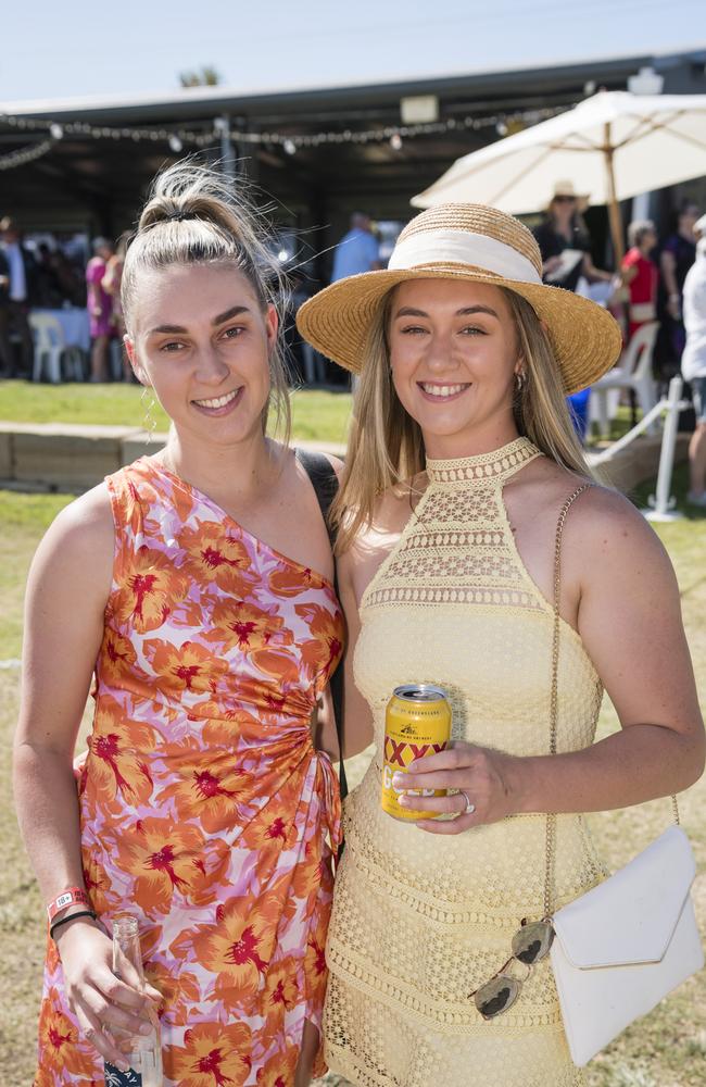 Kelsey Hartnett (left) and Amelia Blake at Warwick Cup race day at Allman Park Racecourse, Saturday, October 14, 2023. Picture: Kevin Farmer