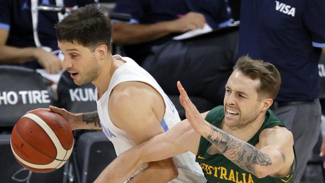 Nathan Sobey (right) had been tentative in Australia’s earlier games. Picture: Ethan Miller/Getty Images