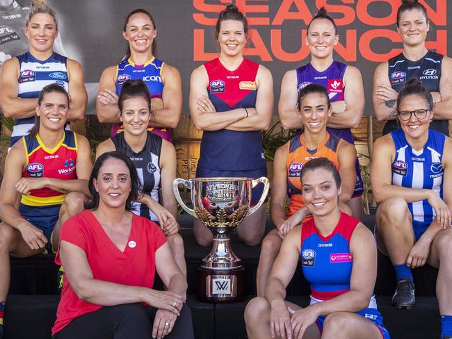 AFL head of women’s football, Nicole Livingstone, from left, with 2019’s AFLW captains (L-R back): Melissa Hickey, Leah Kaslar, Elise O'Dea, Kara Donnellan, Bri Davey (L-R middle): Chelsea Randall, Steph Chiocci, Amanda Farrugia, Emma Kearney (L-R front): Ellie Blackburn. Picture: Daniel Pockett/AAP