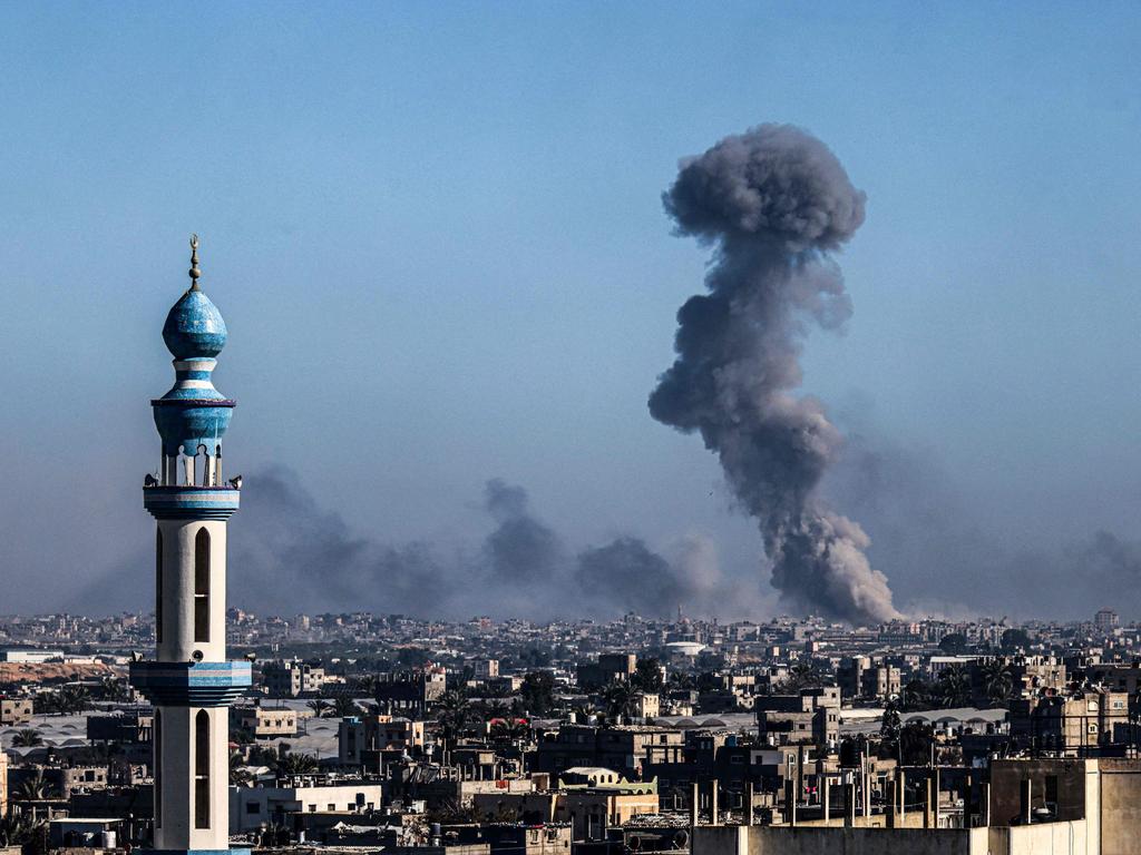 A view from Rafah shows smoke billowing during Israeli bombardment over Khan Younis in the southern Gaza Strip. Picture: AFP