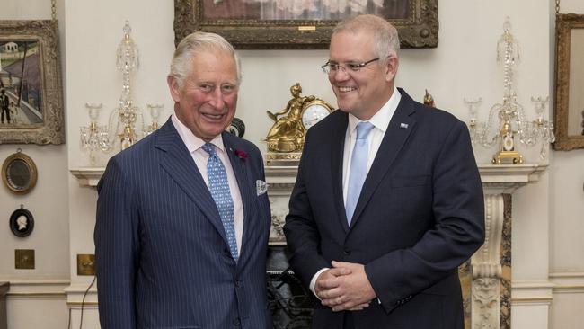 Prime Minister Scott Morrison with Prince Charles at Clarence House in London. Picture: Ella Pellegrini