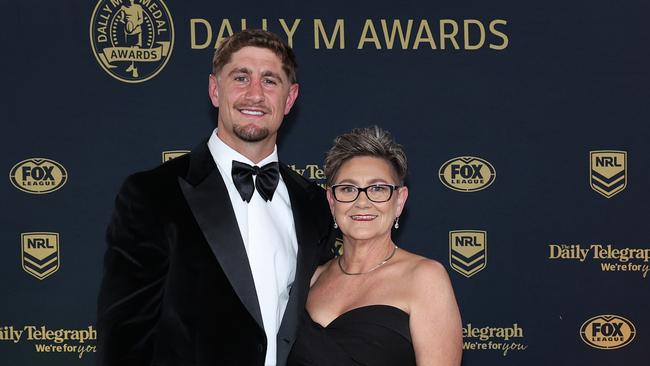 Star winger Zac Lomax of the Dragons walked the green carpet with his mum Cheree. Picture: Mark Metcalfe/Getty Images