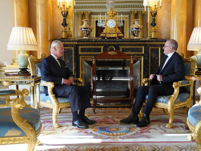 Britain's King Charles III speaks with Prime Minister of Australia, Anthony Albanese, as he receives realm prime ministers in the 1844 Room at Buckingham Palace on September 17, 2022 in London, England. Picture: Stefan Rousseau / Getty Images