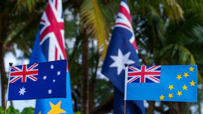 The flags of Australia and Tuvalu. The ‘Falepili Union’ is a major strategic play that China cannot offer. Picture: X