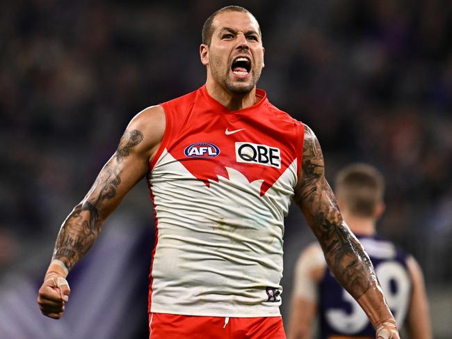 Lance Franklin celebrates a goal in one of his last AFL matches. Picture: Daniel Carson/AFL Photos via Getty Images.