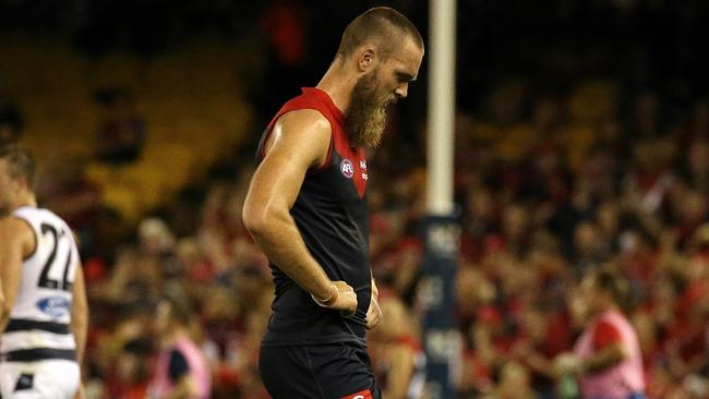 Max Gawn leaves the field after hurting his hamstring. Picture: Wayne Ludbey