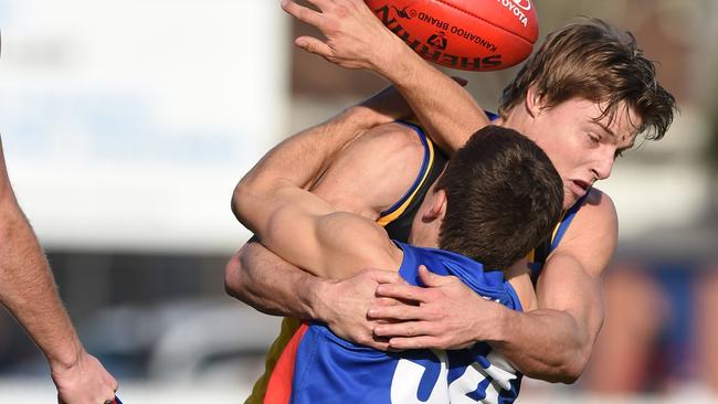 Port Melbourne’s Daniel Toman is dumped by Clint Jones during Sandringham’s VFL win. Picture: Chris Eastman.