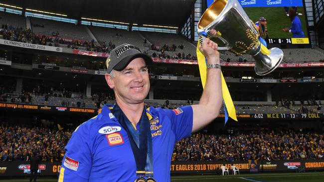 West Coast coach Adam Simpson will depart the Eagles after an 11-year tenure that included the 2018 premiership triumph. Picture: Julian Smith / AAP