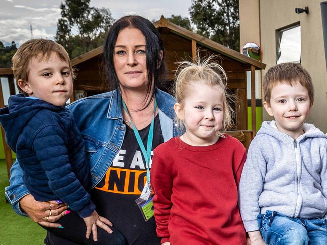 childcare centres are experiencing staff shortages. Cardinia Lakes Childcare staff members Brooke McCoull, Carly Oldfield and Dee Pintar are joined by kids Taj Brooks (5), Willow Dordevic (5), Tanner Macintosh (4), Hudson Eaton (4), Grace Thuok (4) and Arianna Mureiithi (4). Picture: Jake Nowakowski