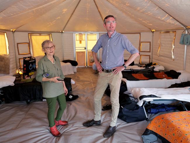 The Premier and local member Janelle Saffin tour one of the tents. Picture: Toby Zerna