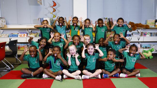 MY FIRST YEAR 2024 – SILLY FACES – Cairns West State School Prep B Front: John, Michael, Evie, Amelia, Jamie, Annisia. Middle: Hana, Elina-May, Furaha, Archie, James, Letician. Back: Josleen, Bertha, Naija, Athima, Prayer, Marshall. Picture: Brendan Radke STRICTLY ONE TIME USE ONLY