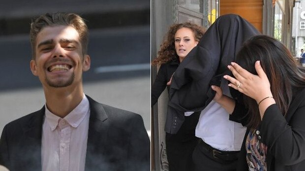 James Mason (left) and Charlie Madigan (covering his face) outside court. Pictures: Simon Bullard