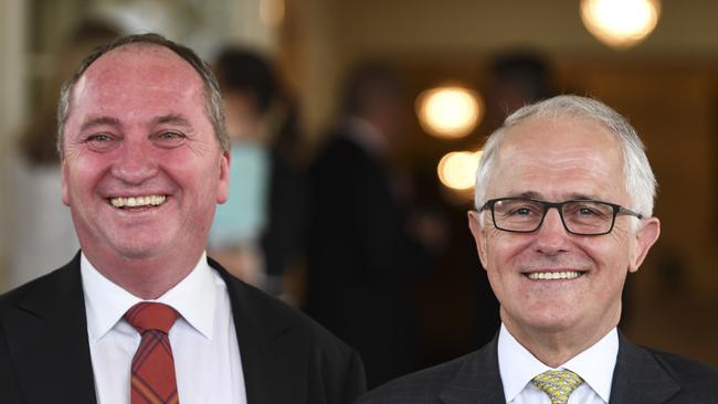 Turnbull was the only person happier to have Barnaby Joyce back in Parliament than Barnaby Joyce. (Pic: Lukas Coch/AAP)