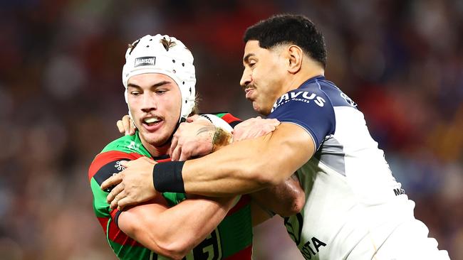 Tallis Duncan has explained his tradition of starting a game in headgear but then taking it off. Picture: Chris Hyde/Getty Images