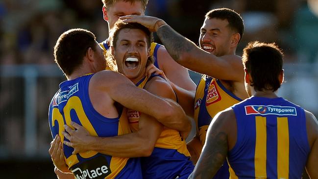 PERTH, AUSTRALIA - MARCH 01:  Liam Baker of the Eagles celebrates the winning goal during the 2025 AAMI AFL Community Series match between West Coast Eagles and North Melbourne Kangaroos at Hands Oval on March 01, 2025 in Bunbury, Australia. (Photo by James Worsfold/Getty Images)