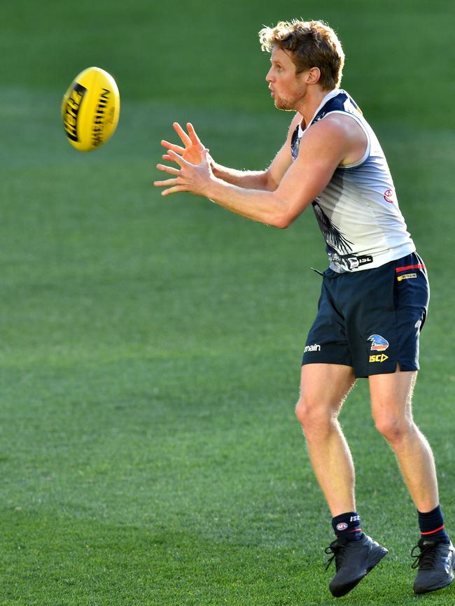 Rory Sloane at Crows training in the wake of his Lisfranc injury. Picture: AAP Image/David Mariuz