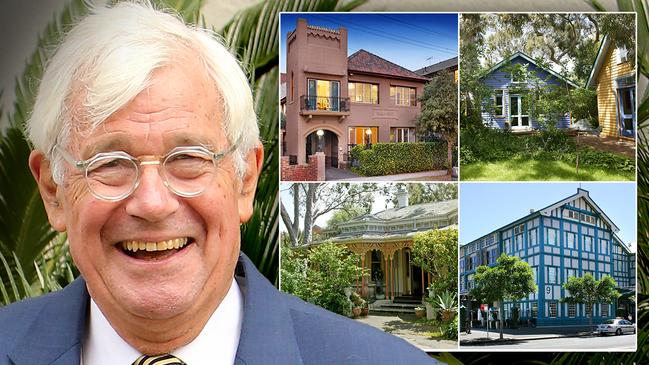 The Greens' Kooyong candidate Julian Burnside and (inset) a selection of his $20m property portfolio.