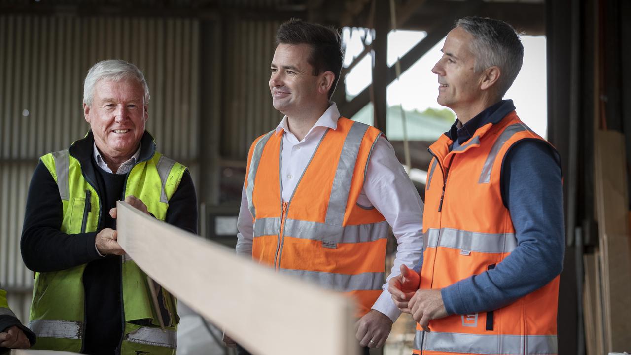 Prosser Labor candidate Bryan Green, Labor leader Dean Winter, Tasmanian Forest Products Association CEO Nick Steel at Torenius Timber, Forcett. Picture: Chris Kidd