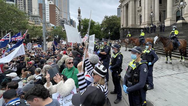 Police formed a line at the parliament steps. Picture: Alex Coppel