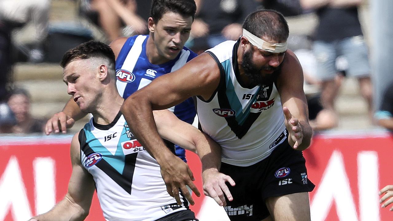 Paddy Ryder and Robbie Gray collide. Picture: Sarah Reed