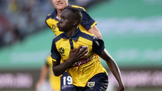 Alou Kuol celebrates the winner for the Mariners Picture: Getty Images