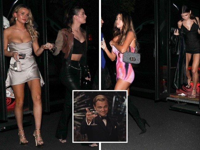 An army of beautiful women arrive to Leonardo DiCaprio's birthday bash in a party bus. Pictured: Guests BACKGRID Australia