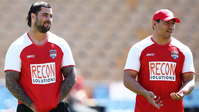 Tongan wrecking balls Andrew Fifita and Jason Taumalolo. Picture: Hannah Peters/Getty