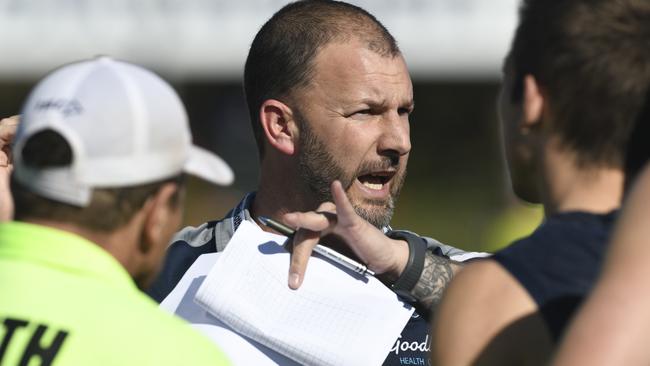 South Adelaide coach Jarrad Wright addresses his charges. Picture: Naomi Jellicoe