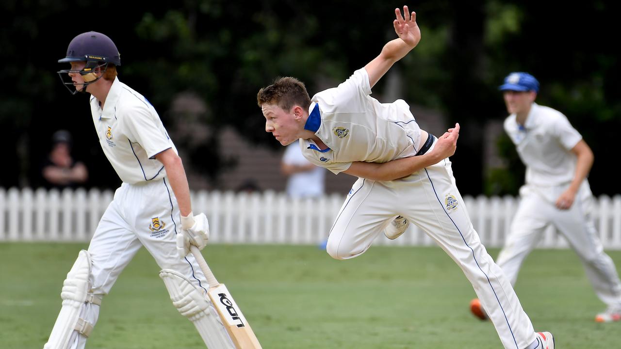 Nudgee College bowler Jack Balkin First XI match between Nudgee College and Toowoomba Grammar School. Saturday February 5, 2022. Picture, John Gass.