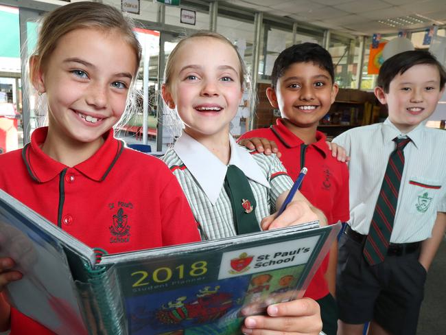 St Paul’s Year 5 and 3 students: Charlize Heathcote, 8, Leah Cock, 10, Suhaan Lashand, 8, and Ethan Chuah, 10. Picture: Liam Kidston