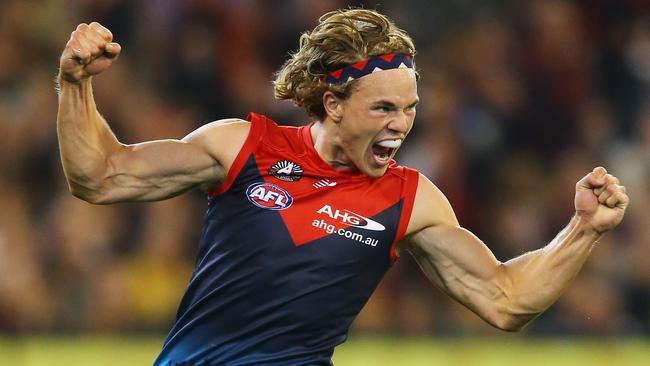 Jayden Hunt celebrates a goal against Richmond.